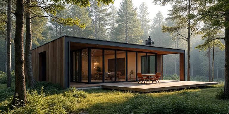 Moderna vikendica u šumi sa velikim prozorima